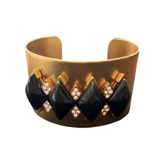 Gerard Yosca Black Howlite Brass Open Cuff Bangle Bracelet Vintage - Picture 1 of 6